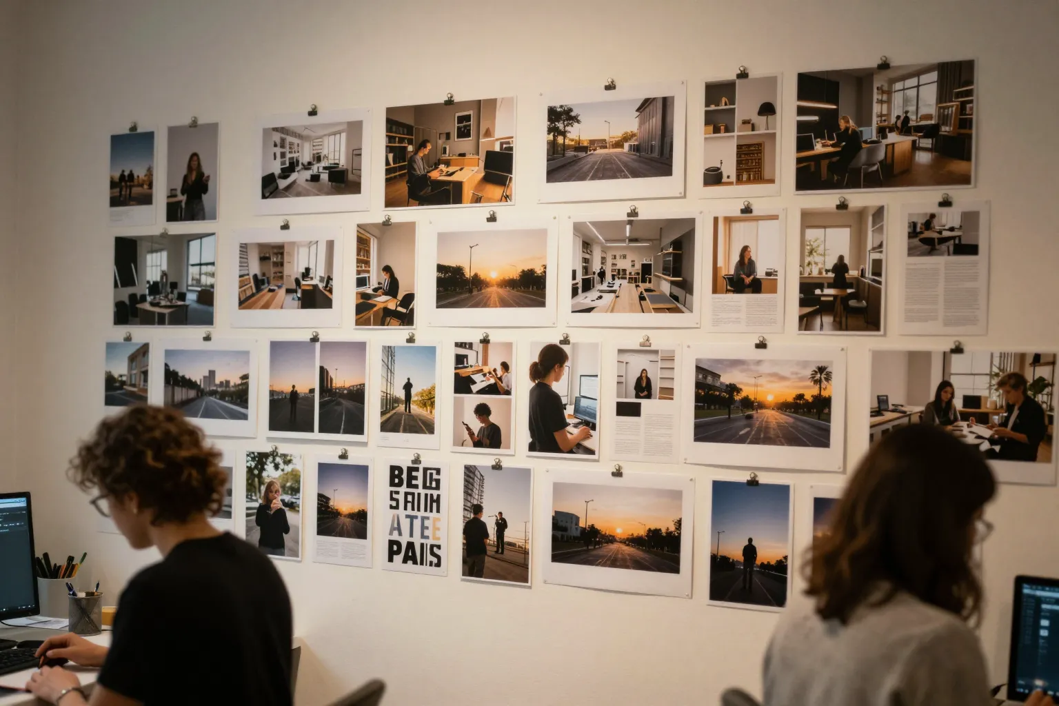 The Sutertai team working in the studio, surrounded by a wall of reference prints
