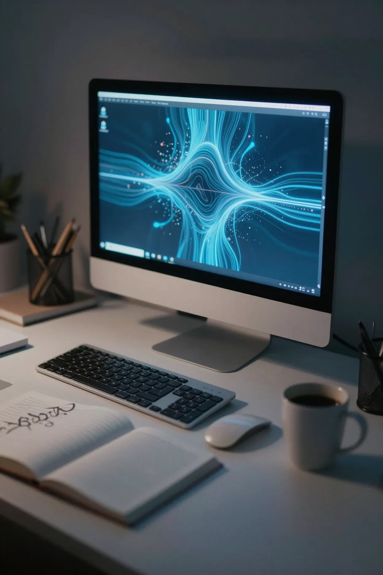 A late-night design desk with an AI-generated visual glowing on screen