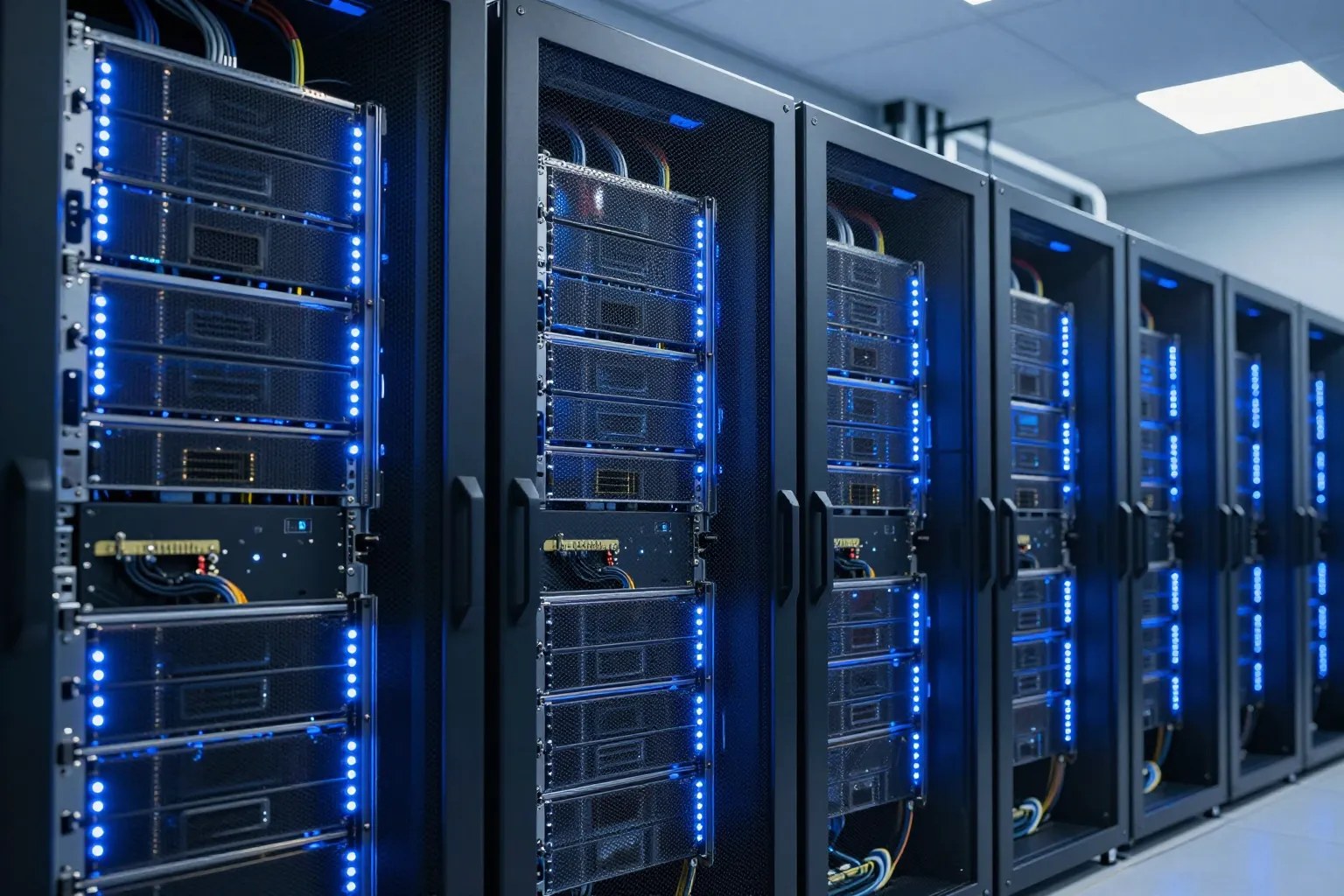A row of GPU server racks with glowing blue LED indicator lights