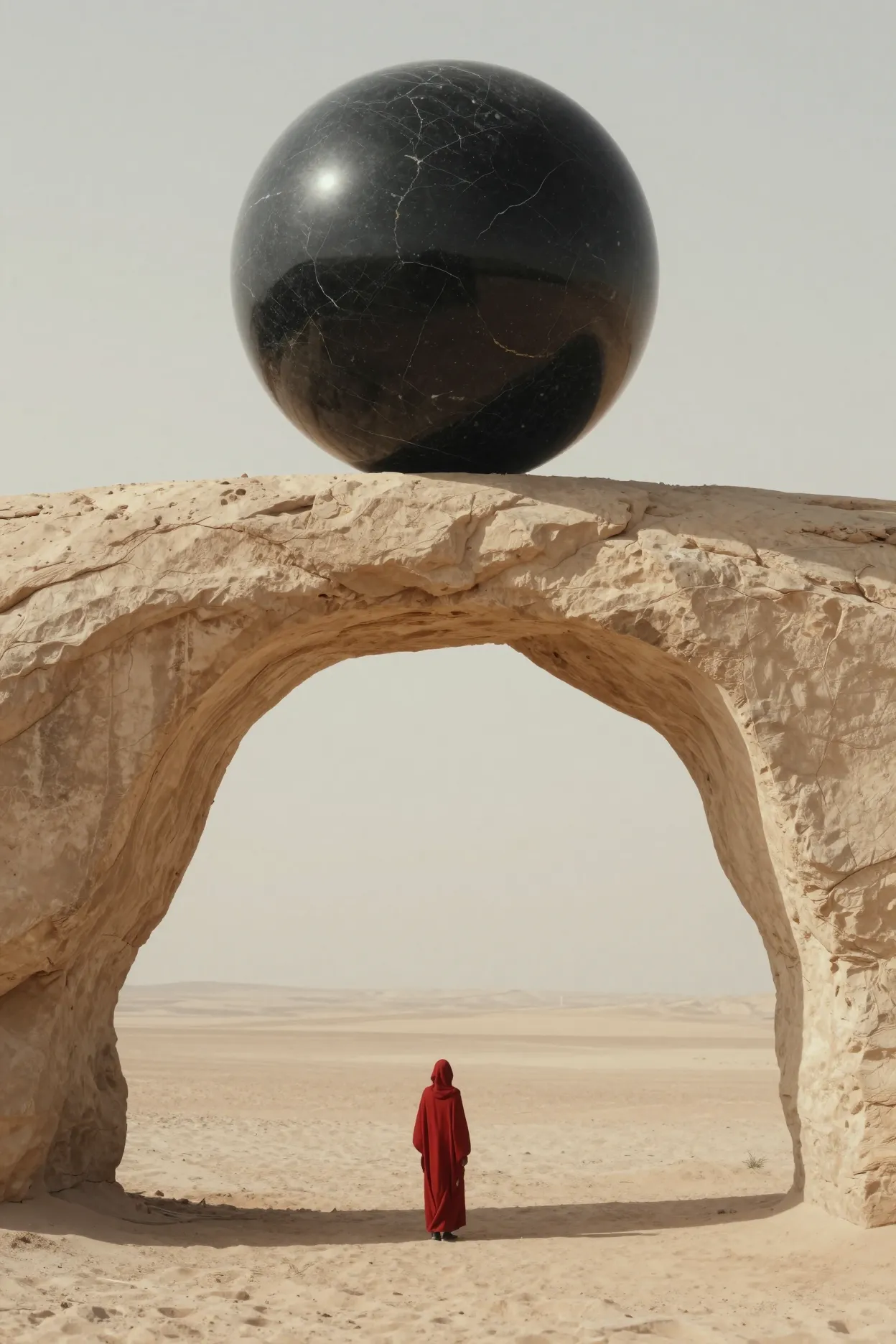 Black marble sphere balanced on a desert arch