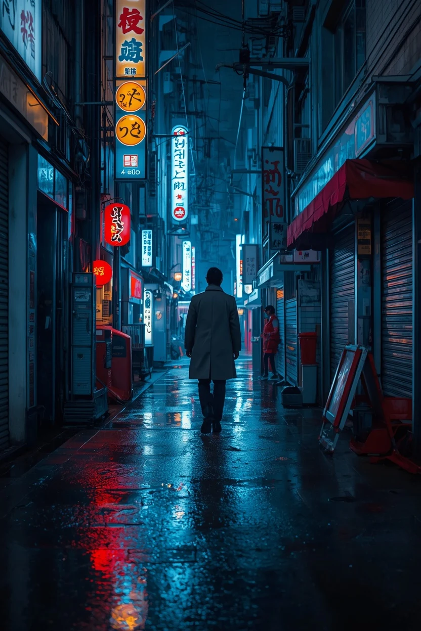 Figure walking through a rain-soaked neon alleyway