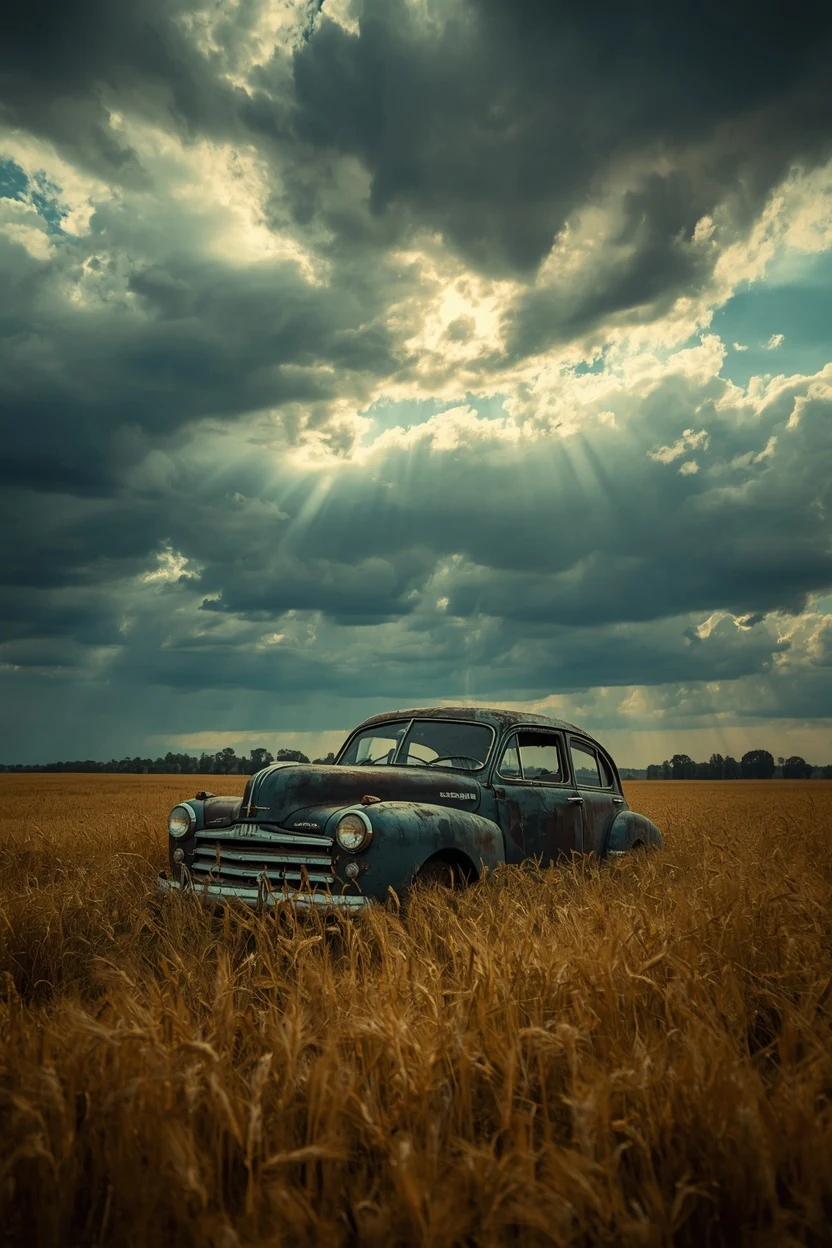 Vintage car abandoned in a wheat field
