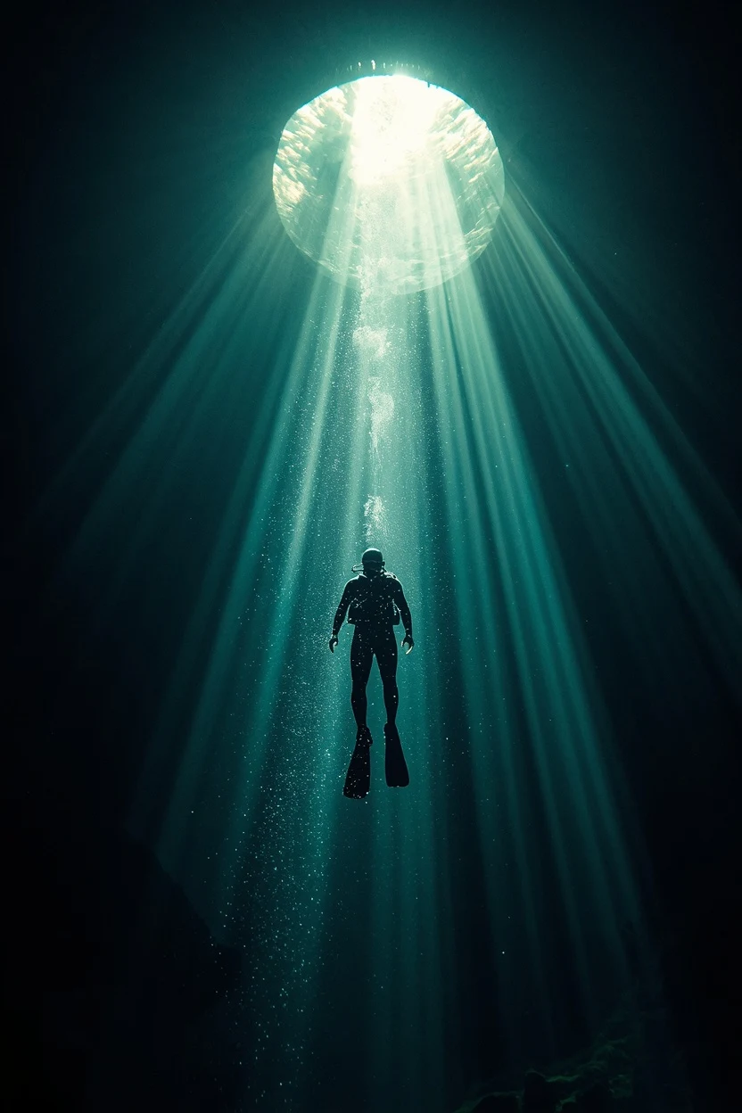 Diver suspended in a shaft of underwater light