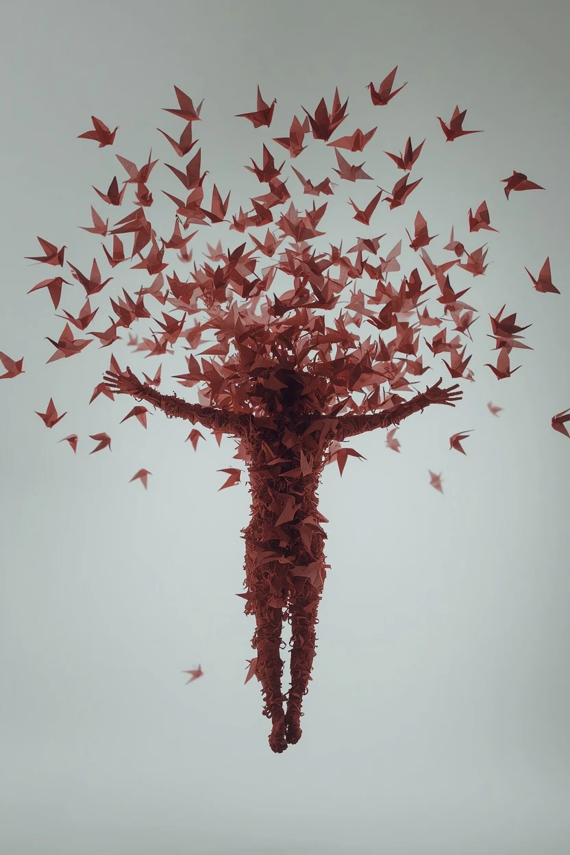 Human silhouette made of origami paper cranes