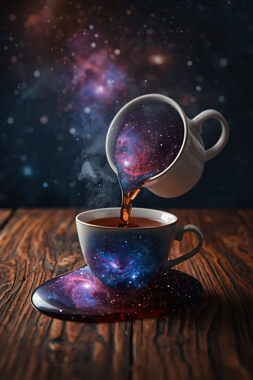 Teacup pouring out a swirling galaxy