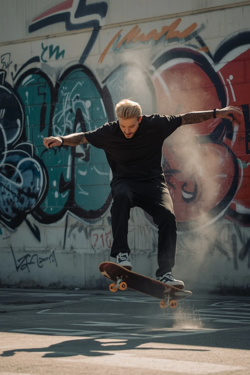 Skateboarder mid-trick against a graffiti wall