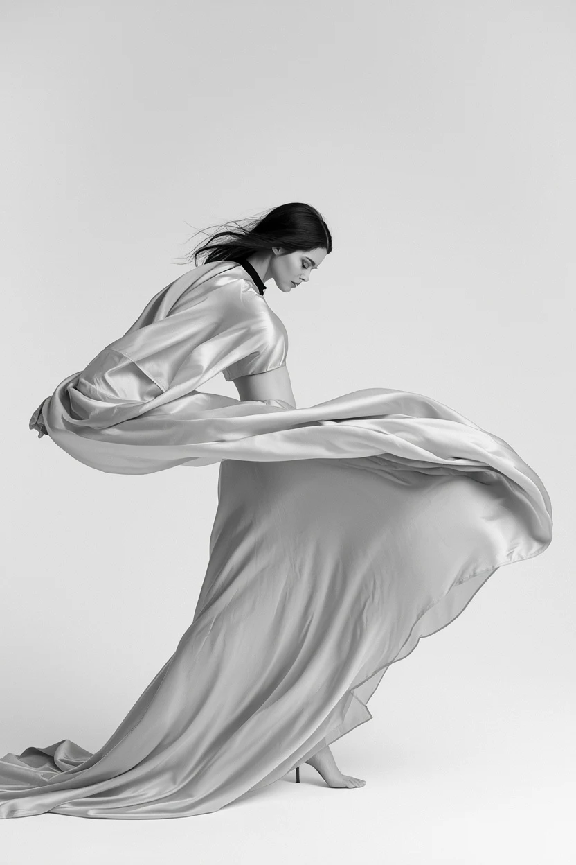 Model draped in flowing silk fabric