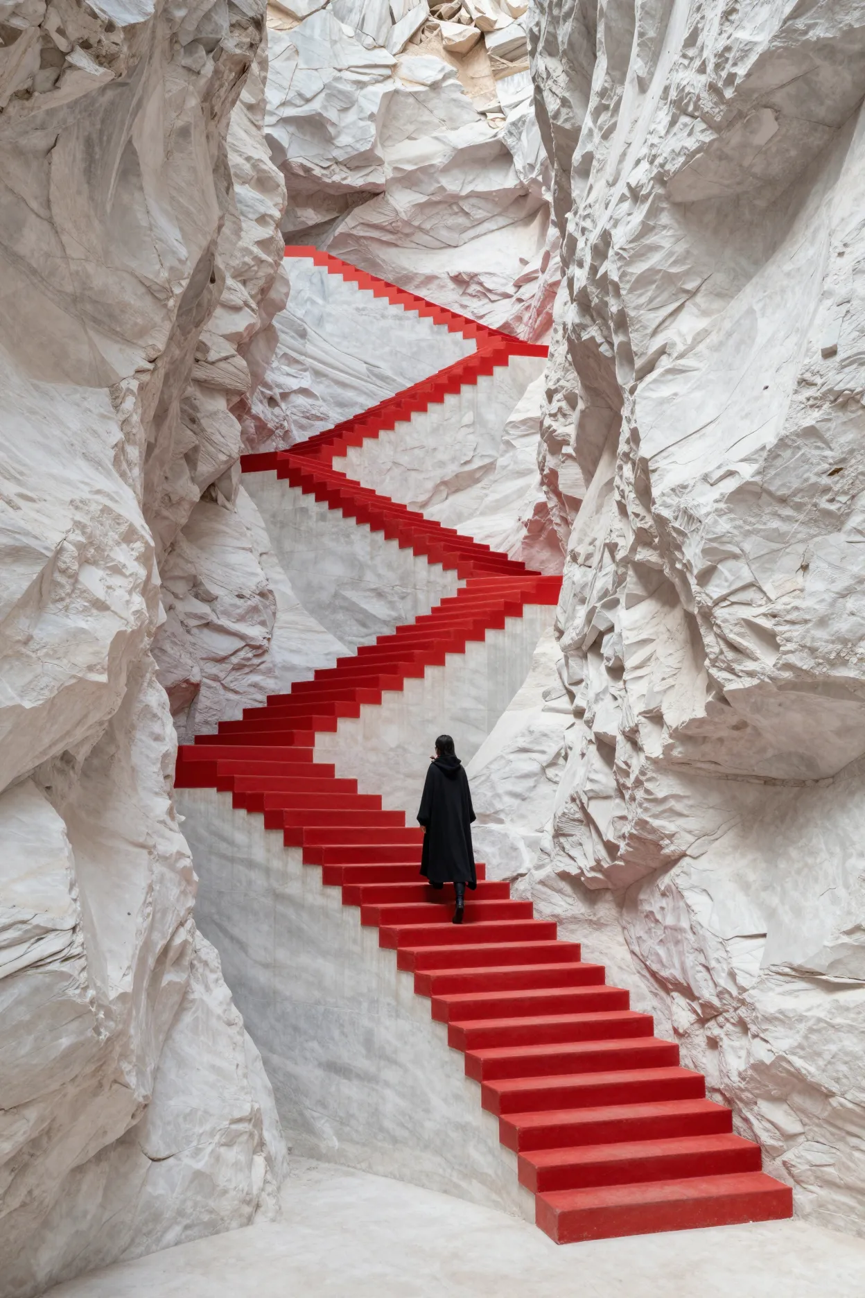Red staircase in a marble canyon