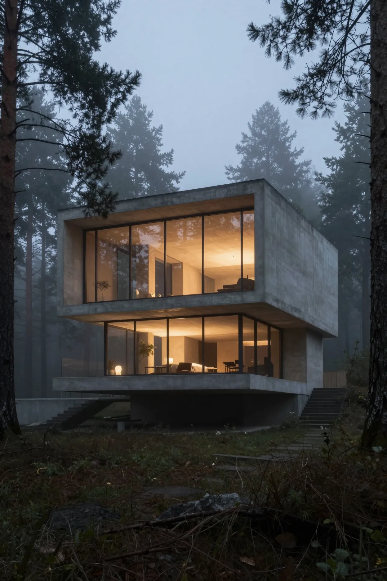 Concrete house in a misty forest