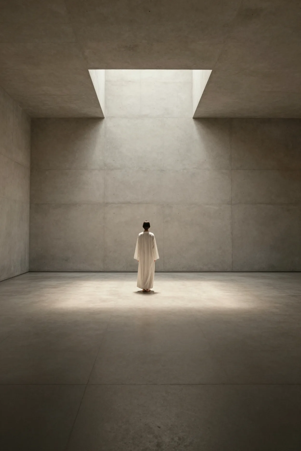 Figure in a light-filled concrete hall
