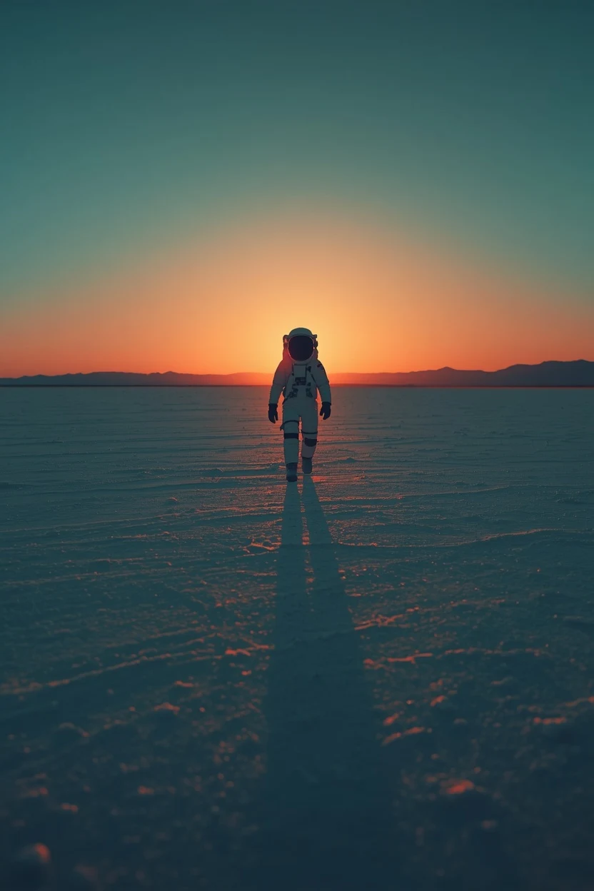 Astronaut walking across a salt flat at sunset