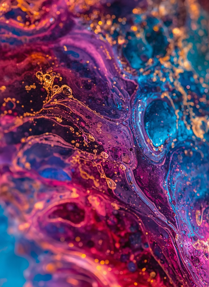 Swirling iridescent paint and gold ink