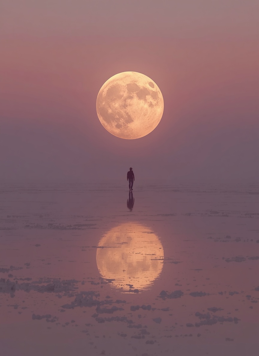 Salt lake reflecting a giant moon at dusk